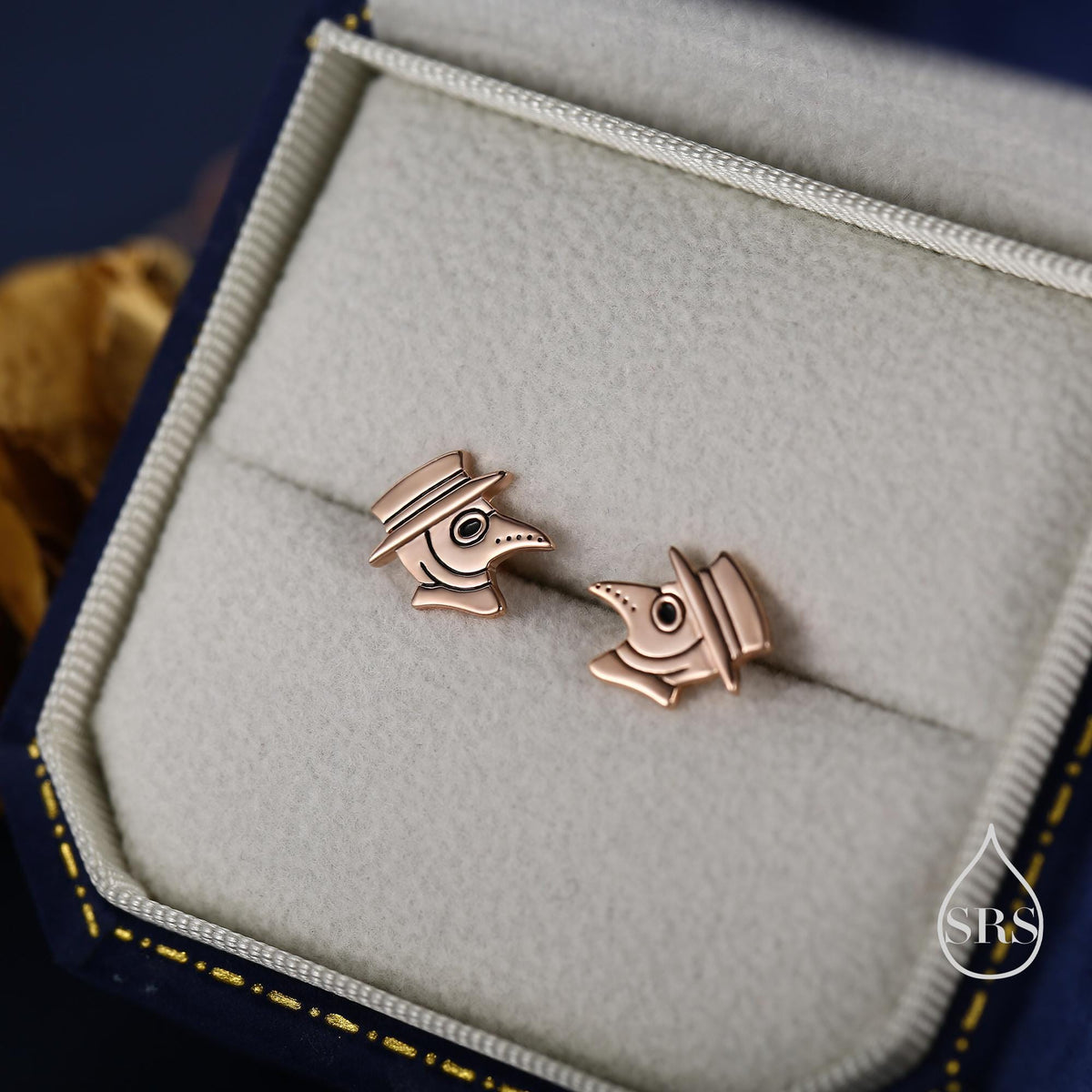 The Plague Doctor Stud Earrings in Sterling Silver, Silver Gold or Rose Gold, Fun and Quirky Gothic Inspired Jewellery