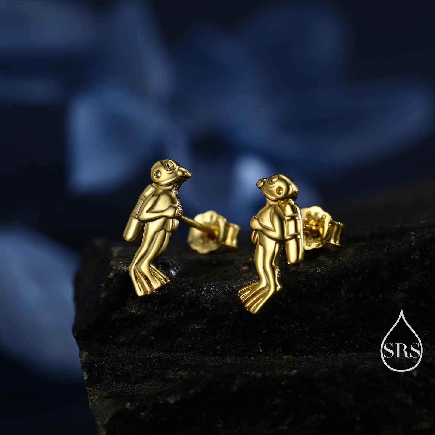 Tiny Scuba Diver Stud Earrings in Sterling Silver, Silver Gold or Rose Gold, Diving Jewellery, Scuba Earrings, Ocean Earrings