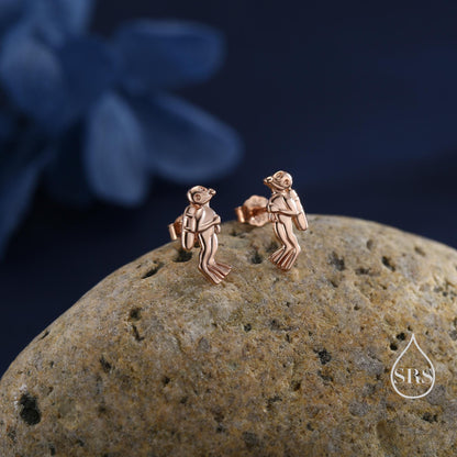 Tiny Scuba Diver Stud Earrings in Sterling Silver, Silver Gold or Rose Gold, Diving Jewellery, Scuba Earrings, Ocean Earrings