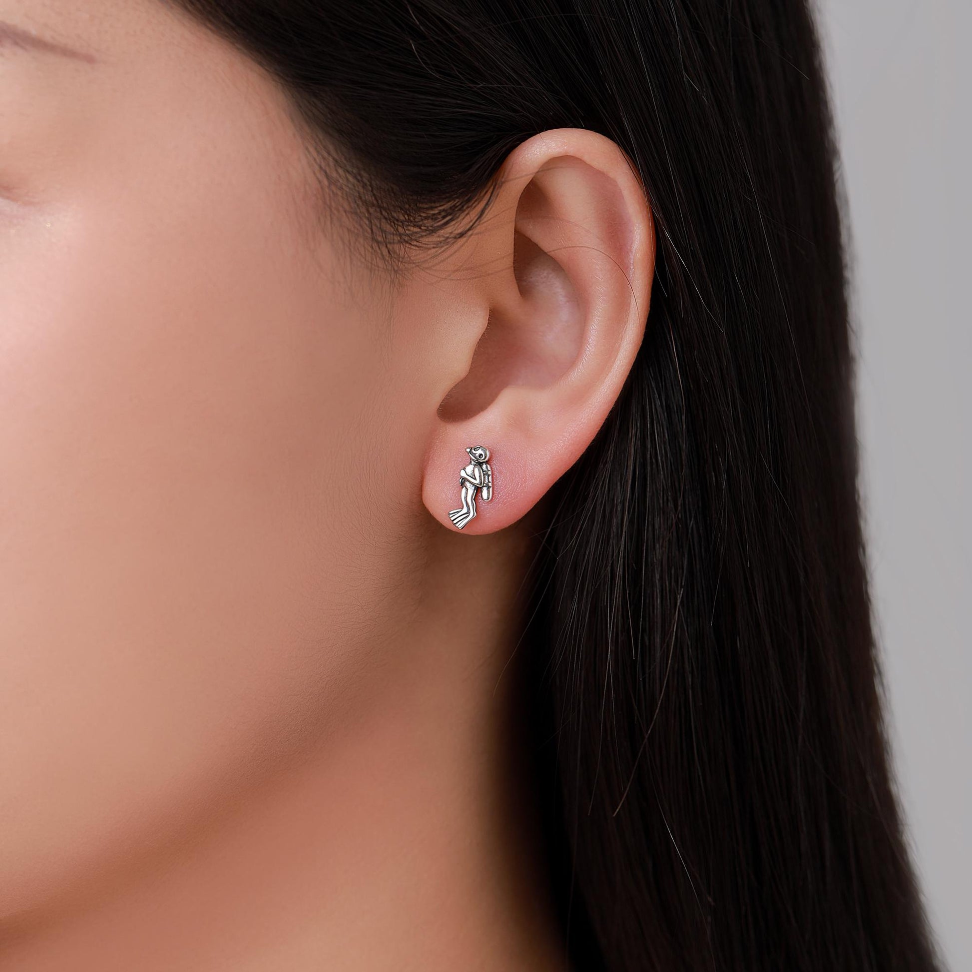 Mismatched Scuba Diver & Whale Shark Stud Earrings In Sterling Silver – Ocean Inspired Asymmetric Earrings, Minimalist Sea Life Jewellery