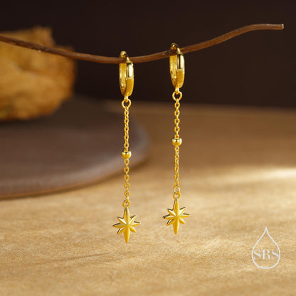 Dangling Starburst Huggie Hoop Earrings in Sterling Silver, Gold or Rose Gold, North Star Charm Earrings, Sunburst Earrings, Celestial