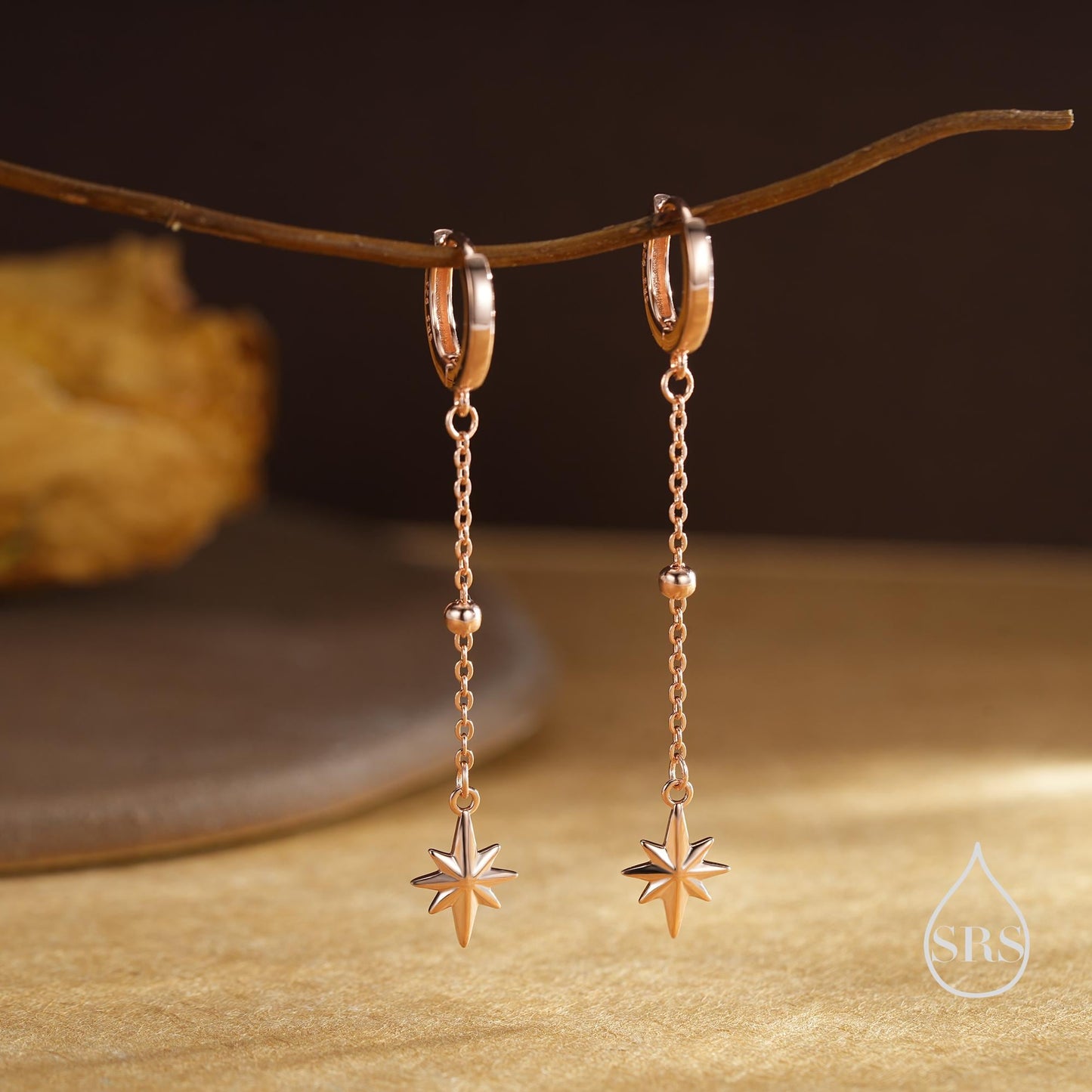 Dangling Starburst Huggie Hoop Earrings in Sterling Silver, Gold or Rose Gold, North Star Charm Earrings, Sunburst Earrings, Celestial