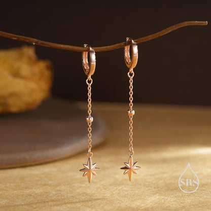 Dangling Starburst Huggie Hoop Earrings in Sterling Silver, Gold or Rose Gold, North Star Charm Earrings, Sunburst Earrings, Celestial