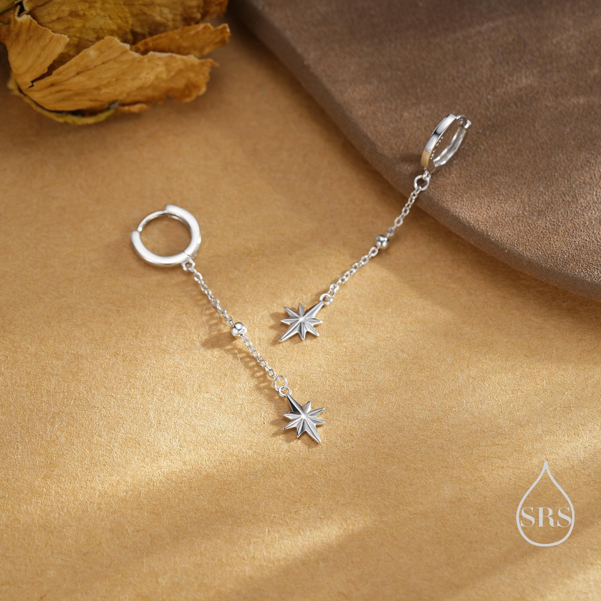 Dangling Starburst Huggie Hoop Earrings in Sterling Silver, Gold or Rose Gold, North Star Charm Earrings, Sunburst Earrings, Celestial