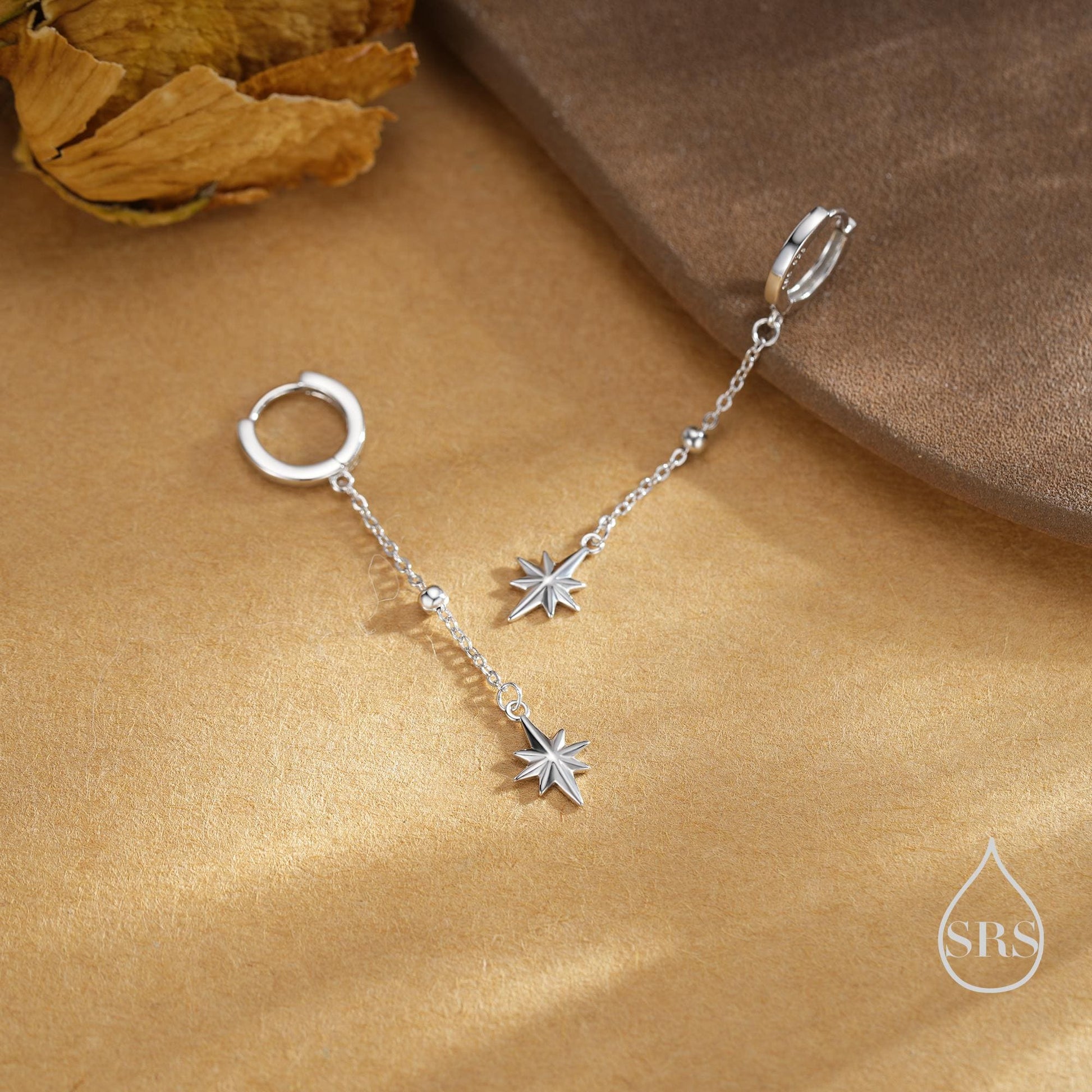Dangling Starburst Huggie Hoop Earrings in Sterling Silver, Gold or Rose Gold, North Star Charm Earrings, Sunburst Earrings, Celestial