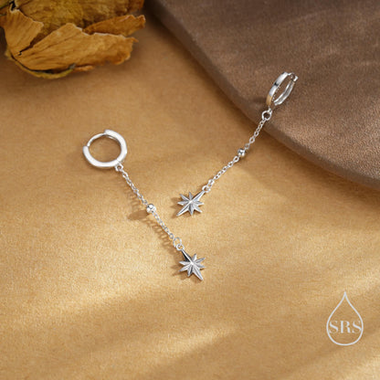 Dangling Starburst Huggie Hoop Earrings in Sterling Silver, Gold or Rose Gold, North Star Charm Earrings, Sunburst Earrings, Celestial