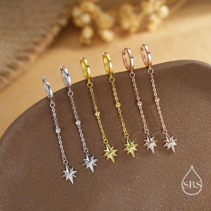 Dangling Starburst Huggie Hoop Earrings in Sterling Silver, Gold or Rose Gold, North Star Charm Earrings, Sunburst Earrings, Celestial