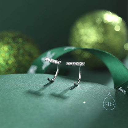 CZ Bar Huggie Hoop Earrings in Sterling Silver, Silver or Gold, Black or Clear CZ, Half Hoop, Open Hoop, Pull Through