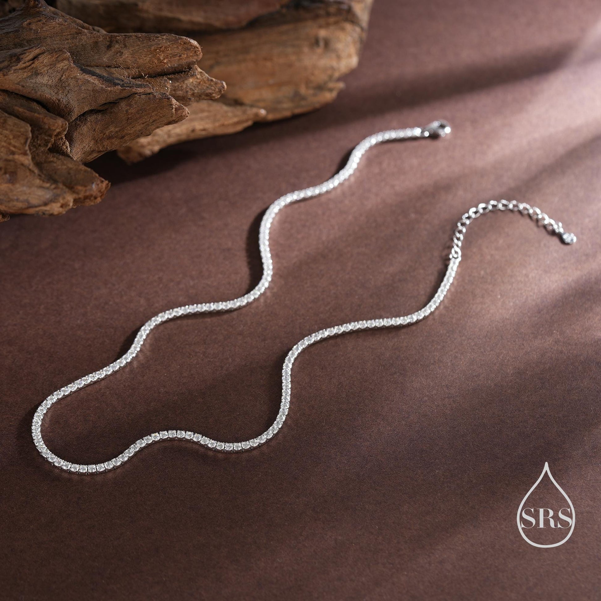 Sterling Silver 2mm CZ Tennis Necklace, Various Lengths, 35cm - 45cm, Silver Clear CZ Necklace, CZ Cluster Necklace, Minimalist Bracelet