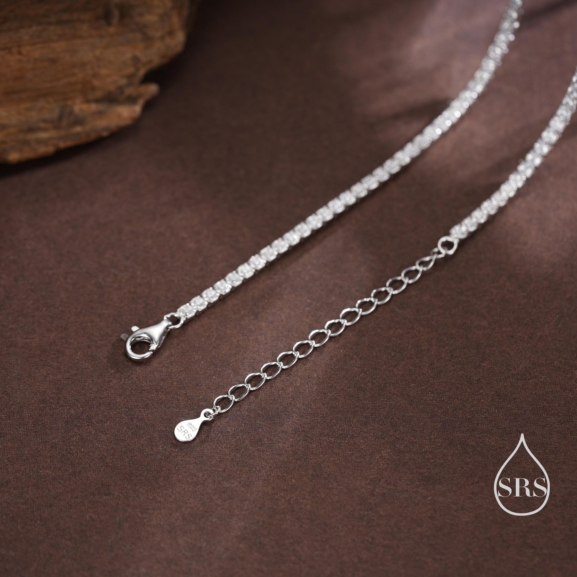 Sterling Silver 2mm CZ Tennis Necklace, Various Lengths, 35cm - 45cm, Silver Clear CZ Necklace, CZ Cluster Necklace, Minimalist Bracelet