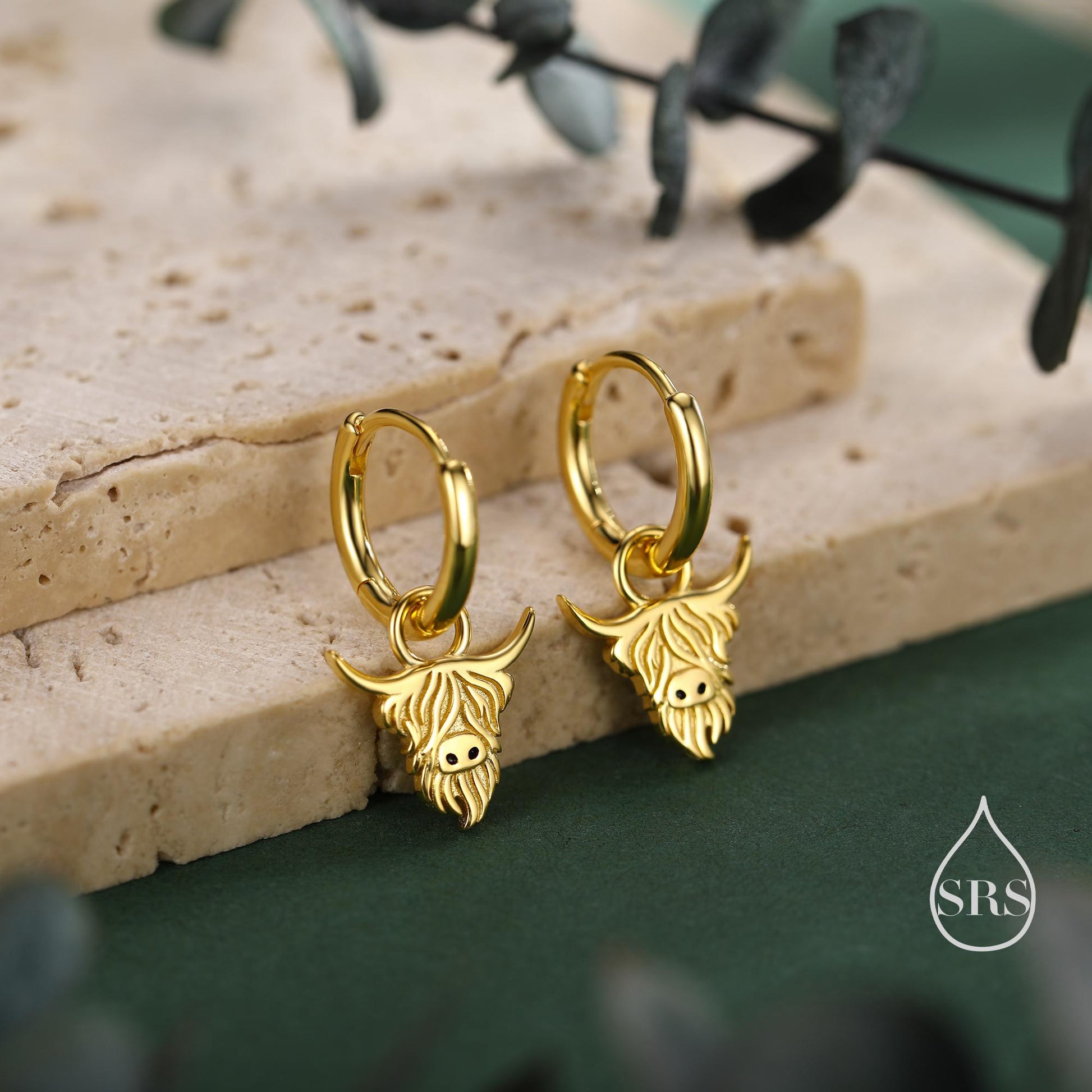 Sterling Silver Highland Cow Huggie Hoops, Finish Available in Silver or Gold or Rose Gold, Highland Cow Earrings, Detachable Hoops