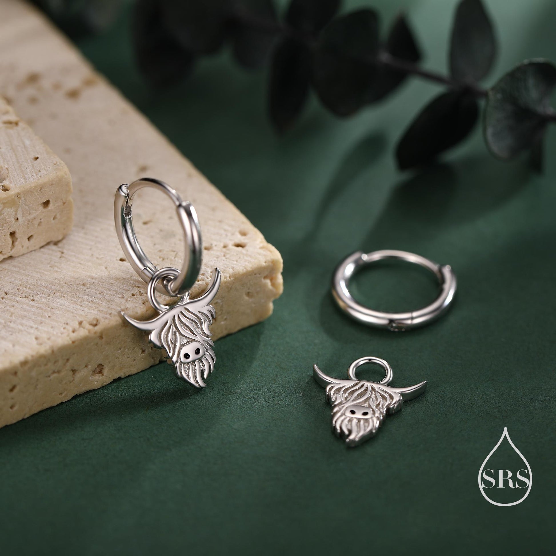 Sterling Silver Highland Cow Huggie Hoops, Finish Available in Silver or Gold or Rose Gold, Highland Cow Earrings, Detachable Hoops