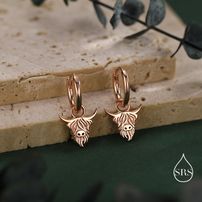 Sterling Silver Highland Cow Huggie Hoops, Finish Available in Silver or Gold or Rose Gold, Highland Cow Earrings, Detachable Hoops
