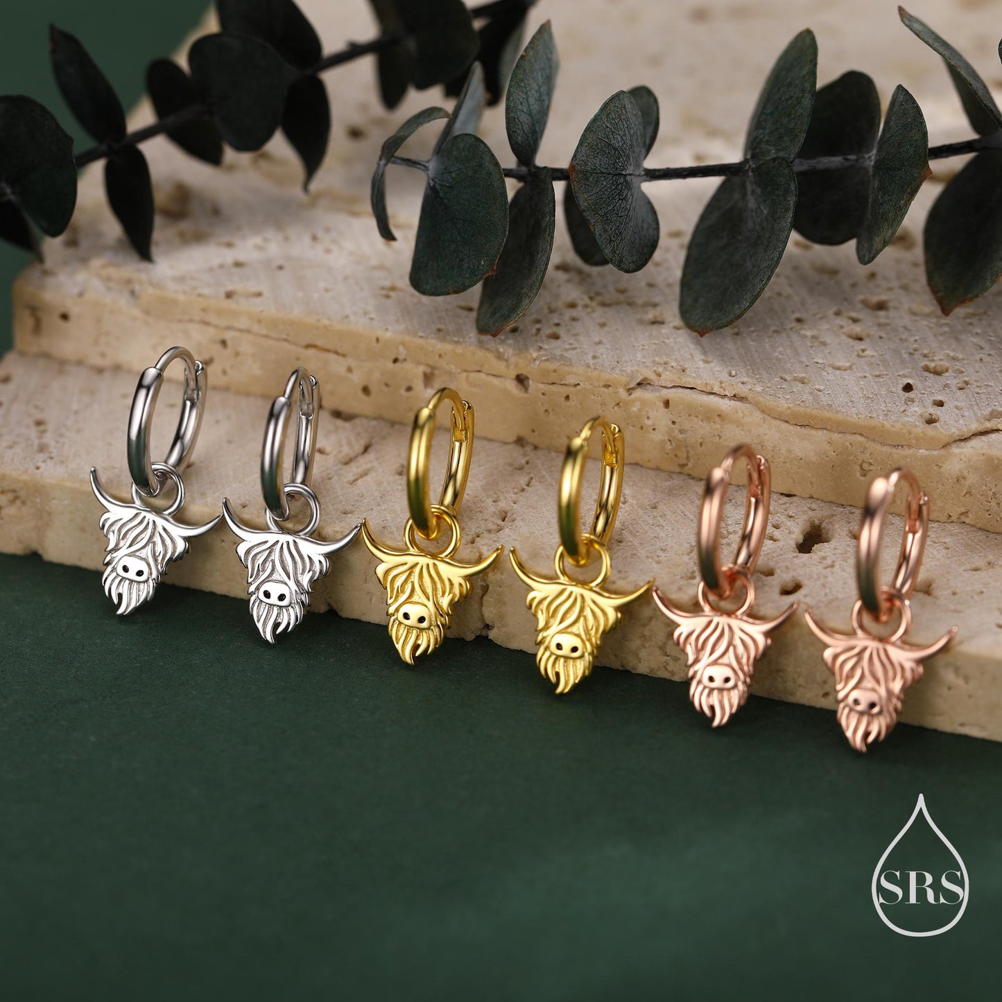 Sterling Silver Highland Cow Huggie Hoops, Finish Available in Silver or Gold or Rose Gold, Highland Cow Earrings, Detachable Hoops