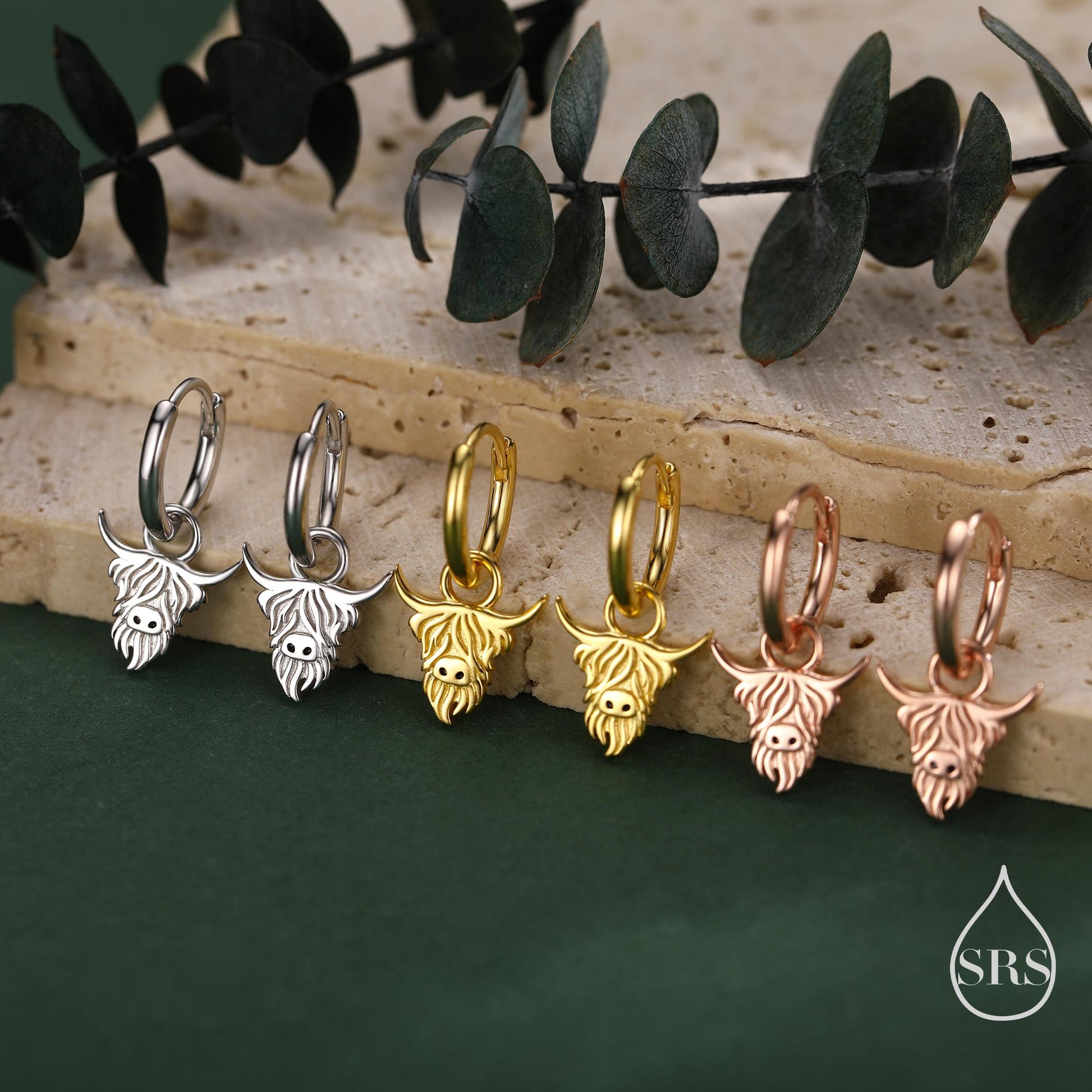 Sterling Silver Highland Cow Huggie Hoops, Finish Available in Silver or Gold or Rose Gold, Highland Cow Earrings, Detachable Hoops