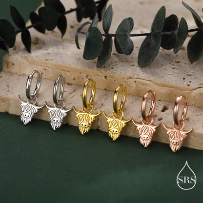 Sterling Silver Highland Cow Huggie Hoops, Finish Available in Silver or Gold or Rose Gold, Highland Cow Earrings, Detachable Hoops