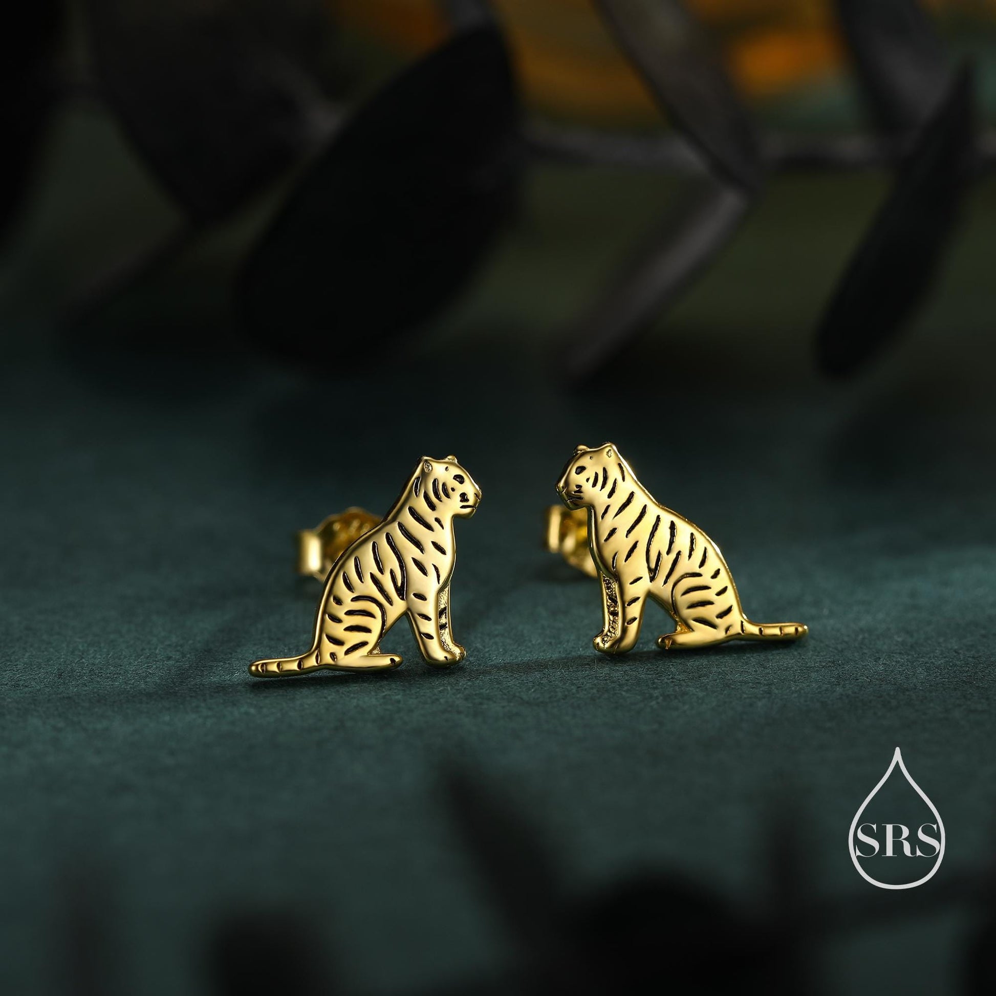 Tiger Stud Earrings in Sterling Silver, Silver Gold or Rose Gold, Nature Inspired Animal Earrings