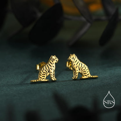 Tiger Stud Earrings in Sterling Silver, Silver Gold or Rose Gold, Nature Inspired Animal Earrings