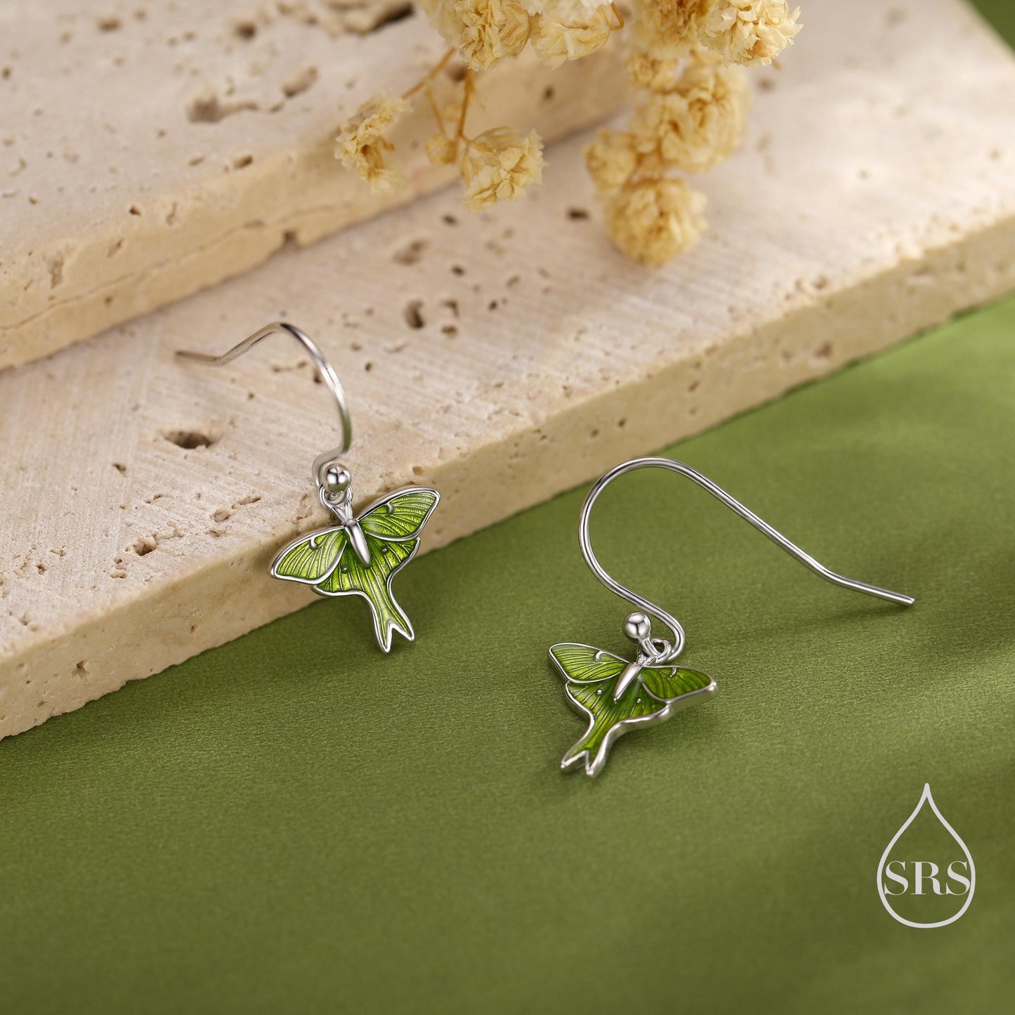 Lunar Moth Enamel Drop Hook Earrings in Sterling Silver, Green Enamel Butterfly Earrings, Insect Earrings, Nature-Inspired Animal Earrings