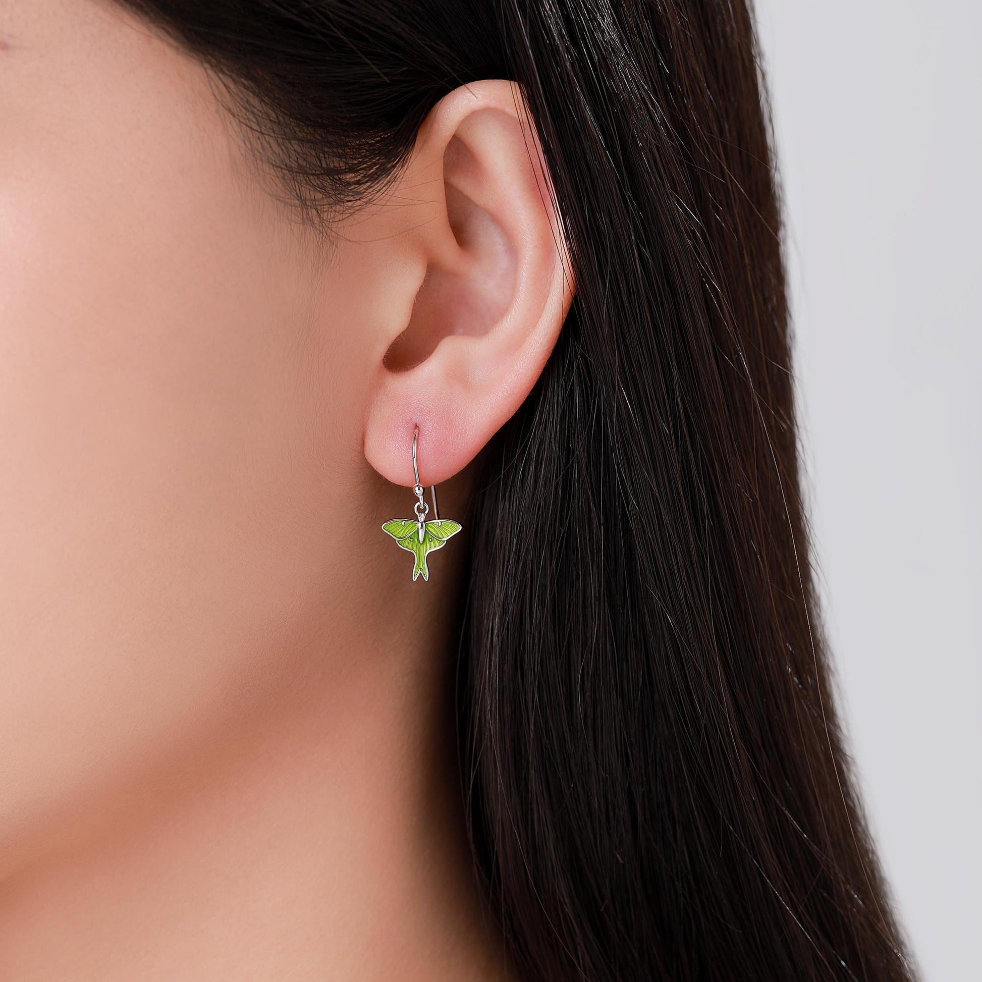 Lunar Moth Enamel Drop Hook Earrings in Sterling Silver, Green Enamel Butterfly Earrings, Insect Earrings, Nature-Inspired Animal Earrings