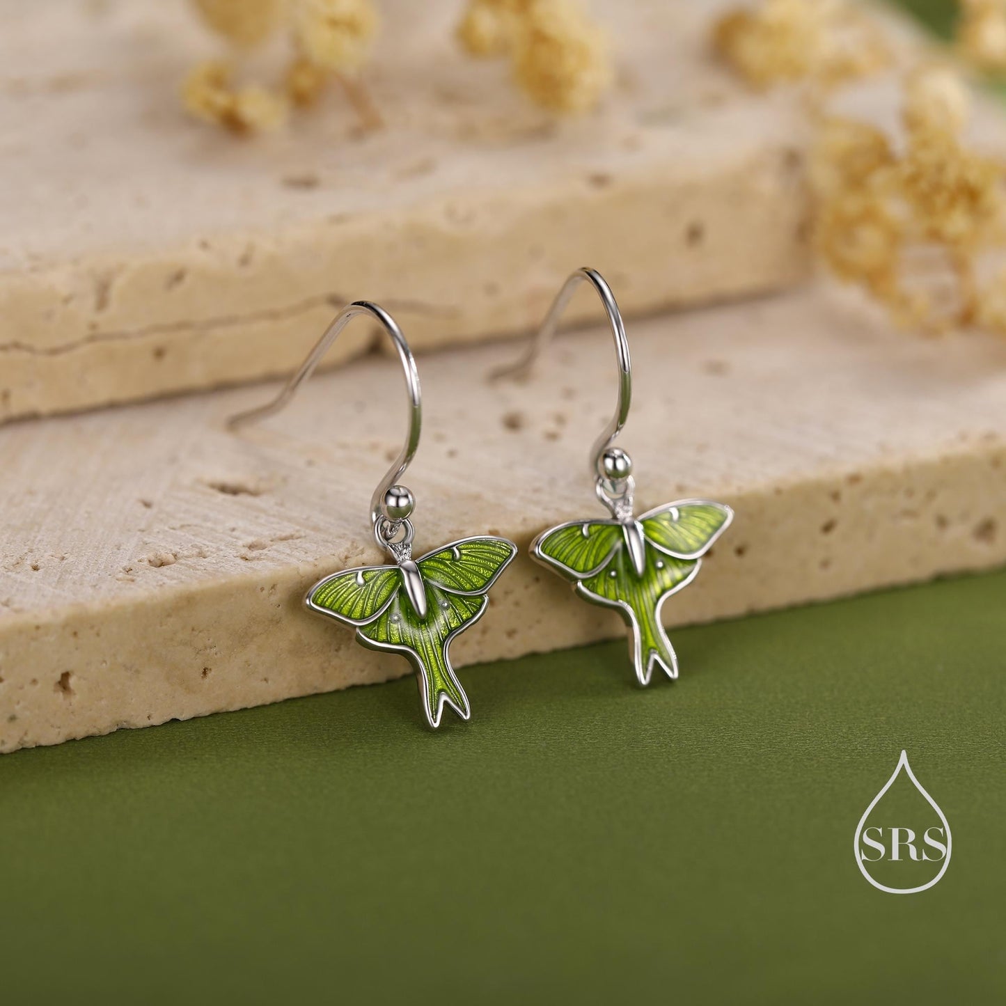 Lunar Moth Enamel Drop Hook Earrings in Sterling Silver, Green Enamel Butterfly Earrings, Insect Earrings, Nature-Inspired Animal Earrings
