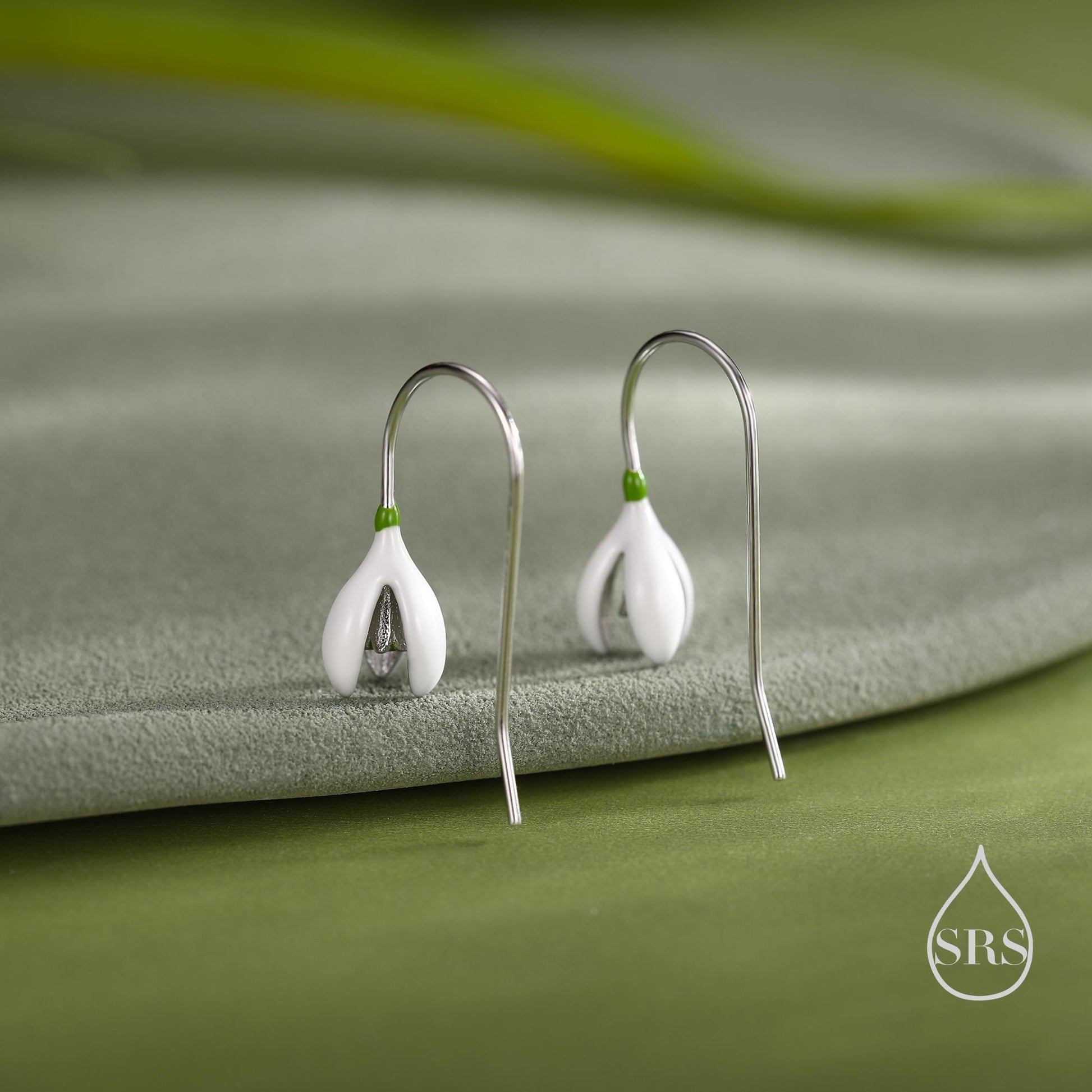 Enamel Painted Snowdrop Flower Drop Earrings in Sterling Silver, Nature Inspired Flower Earrings, January Birth Flower, Botanical