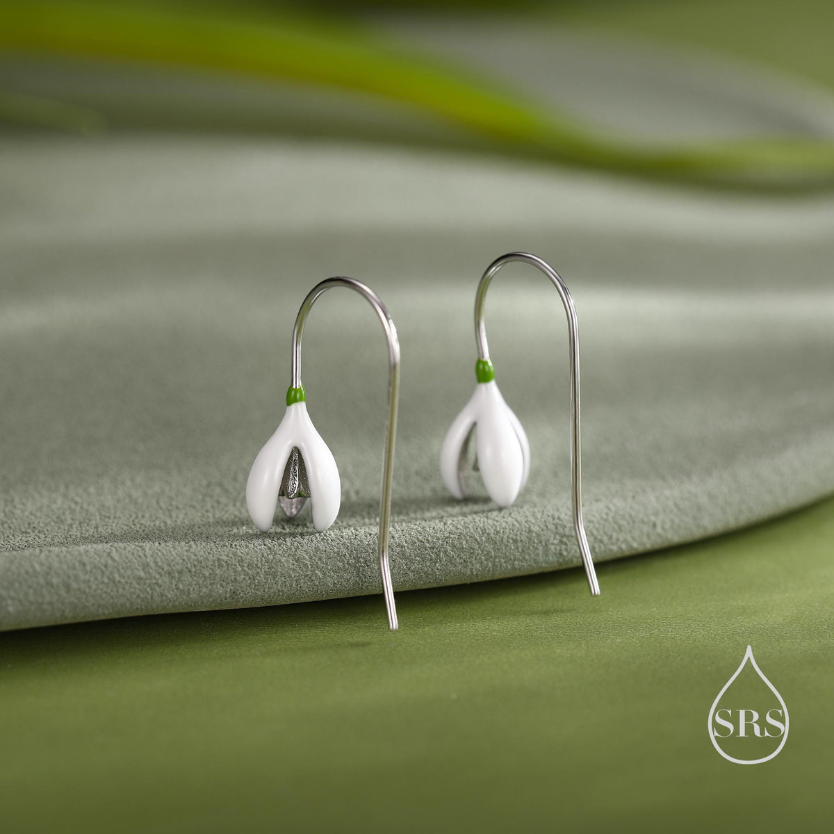 Enamel Painted Snowdrop Flower Drop Earrings in Sterling Silver, Nature Inspired Flower Earrings, January Birth Flower, Botanical