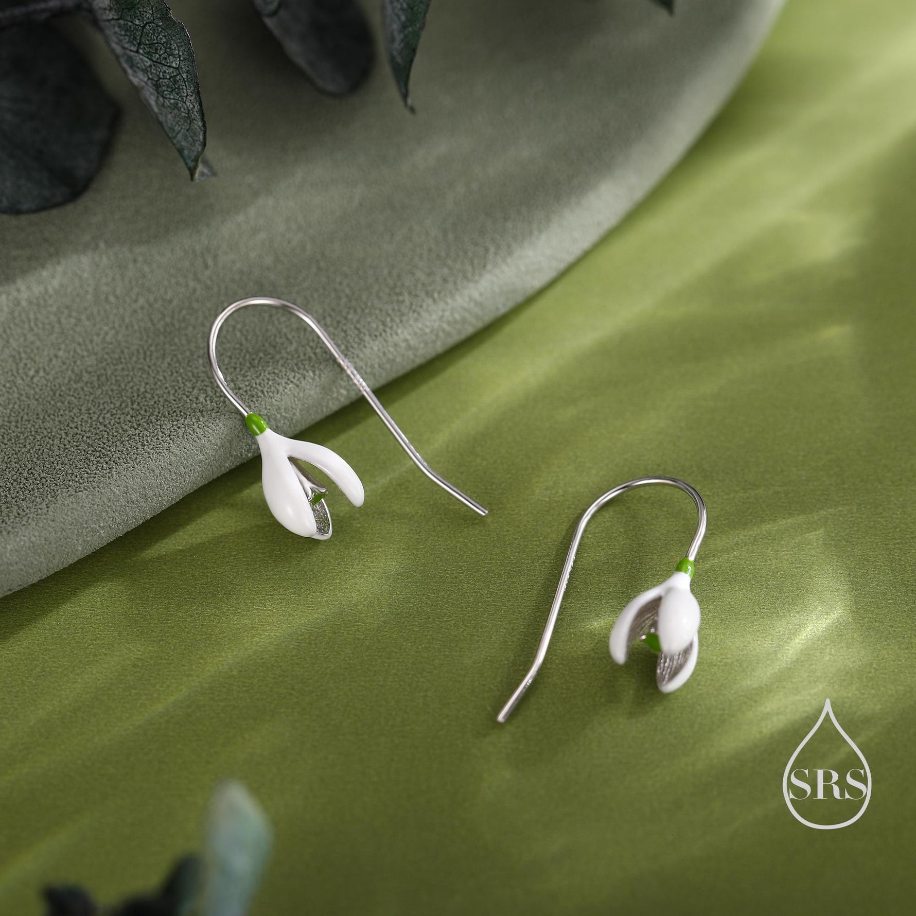 Enamel Painted Snowdrop Flower Drop Earrings in Sterling Silver, Nature Inspired Flower Earrings, January Birth Flower, Botanical
