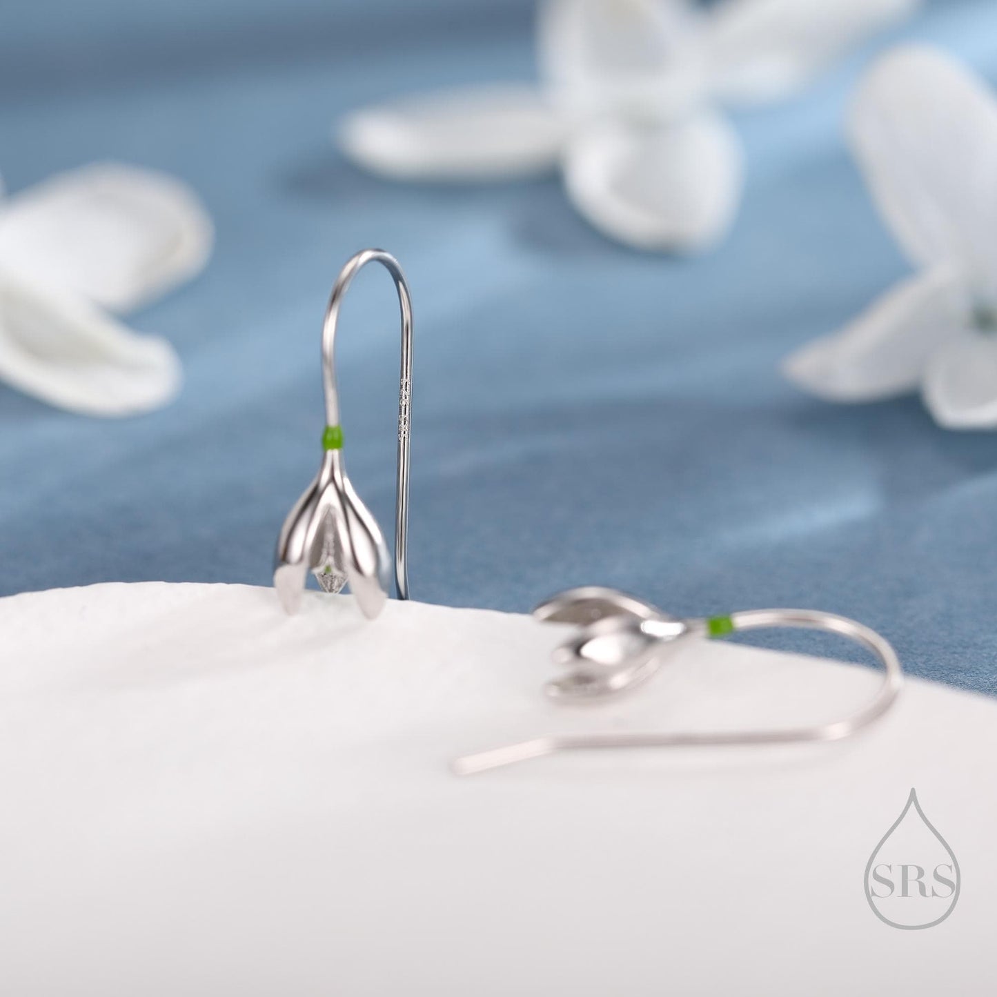 Green Enamel Painted Snowdrop Flower Drop Earrings in Sterling Silver, Nature Inspired Flower Earrings, January Birth Flower, Botanical