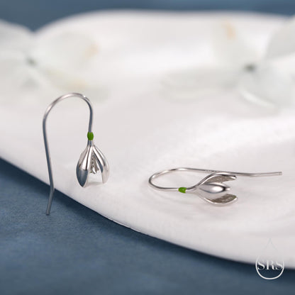Green Enamel Painted Snowdrop Flower Drop Earrings in Sterling Silver, Nature Inspired Flower Earrings, January Birth Flower, Botanical