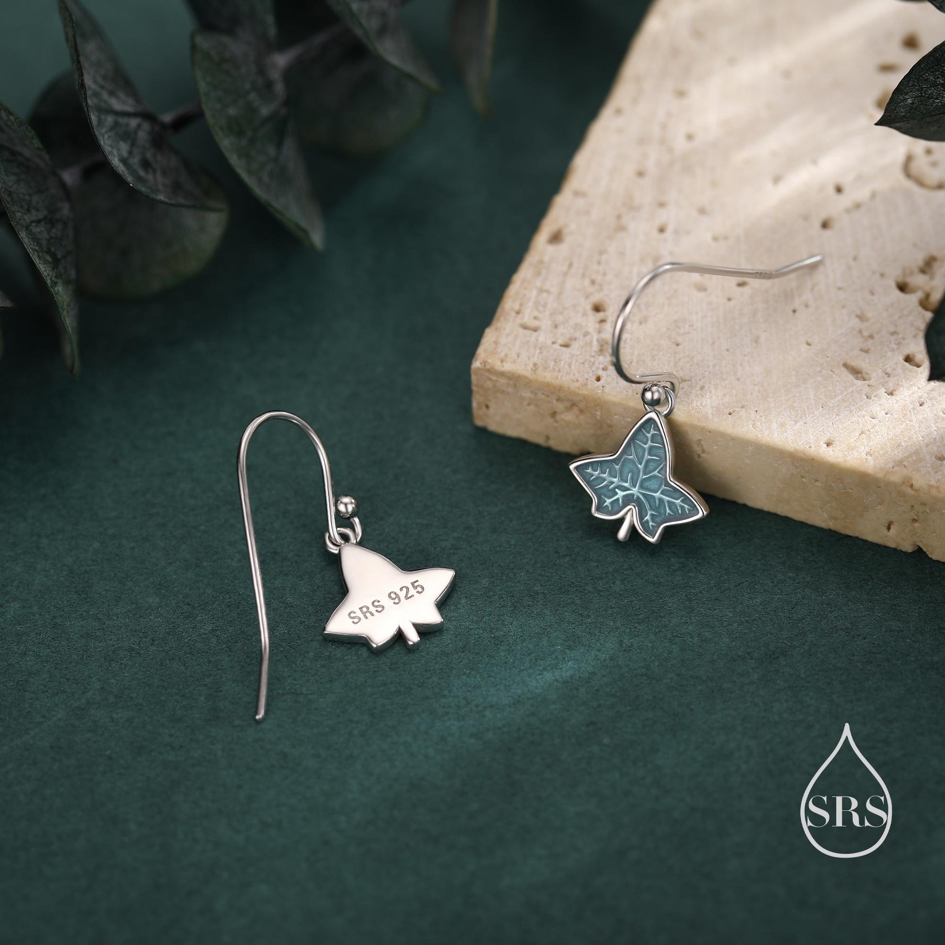 Enamel Ivy Leaf Drop Hook Earrings in Sterling Silver, Nature Inspired Leaf Earrings
