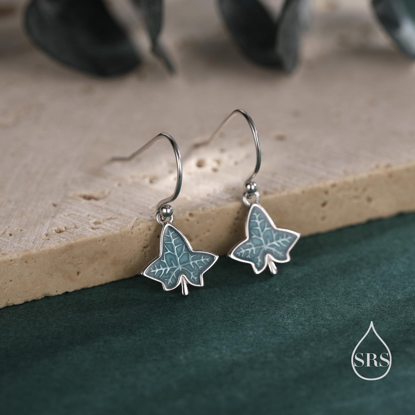 Enamel Ivy Leaf Drop Hook Earrings in Sterling Silver, Nature Inspired Leaf Earrings
