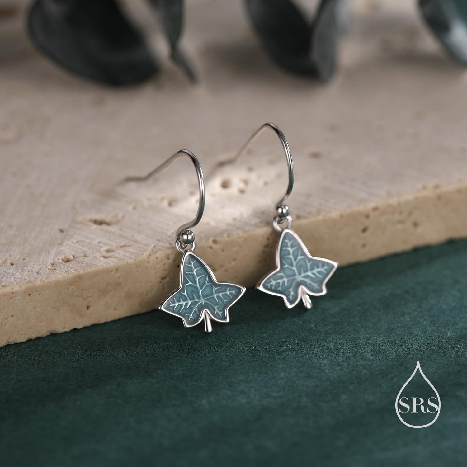 Enamel Ivy Leaf Drop Hook Earrings in Sterling Silver, Nature Inspired Leaf Earrings