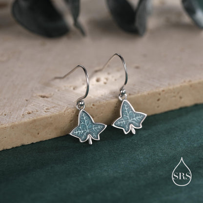Enamel Ivy Leaf Drop Hook Earrings in Sterling Silver, Nature Inspired Leaf Earrings