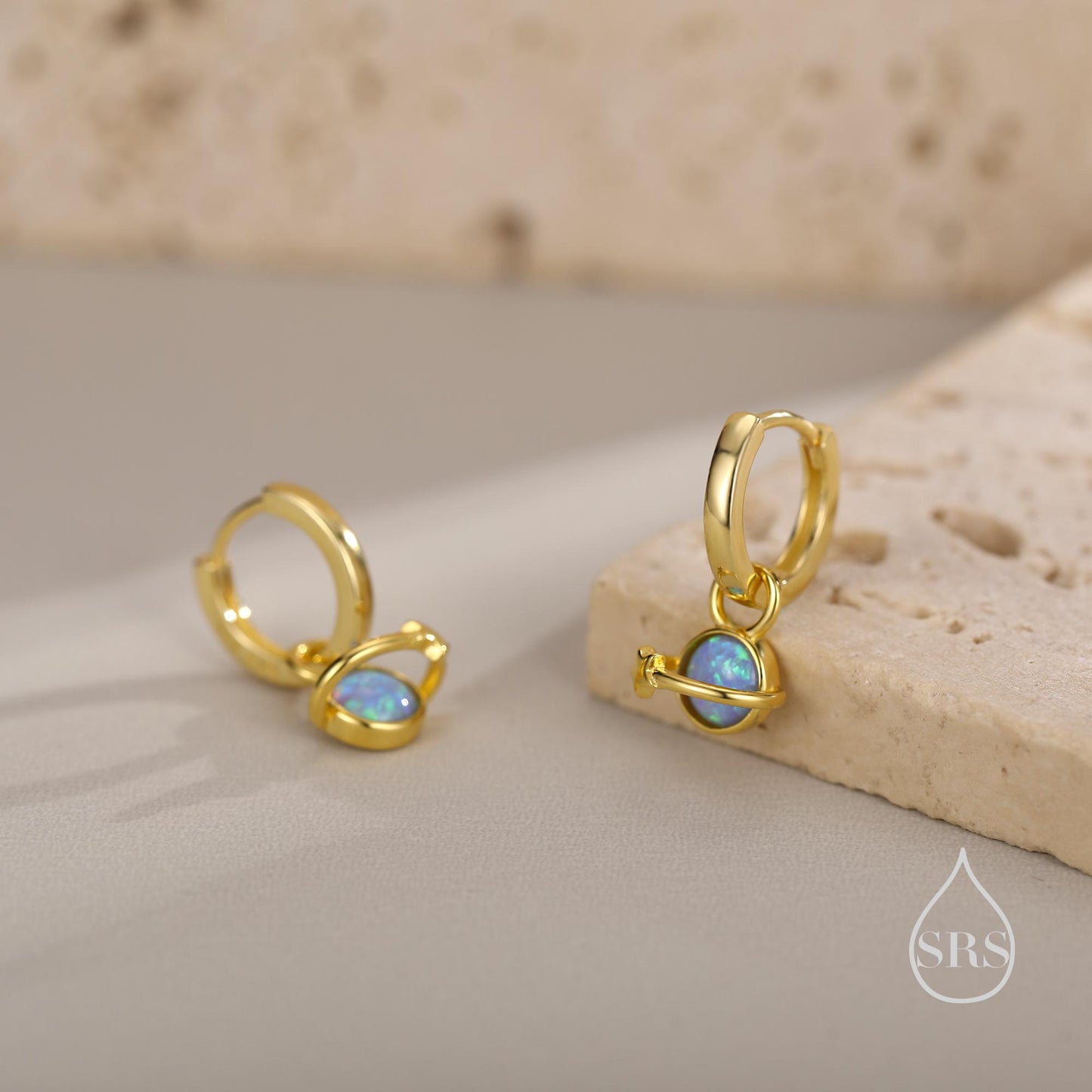 Blue Opal Planet and Star Huggie Hoop Earrings in Sterling Silver, Silver or Gold, Simulated Opal, Detachable Charms, Saturn Earrings