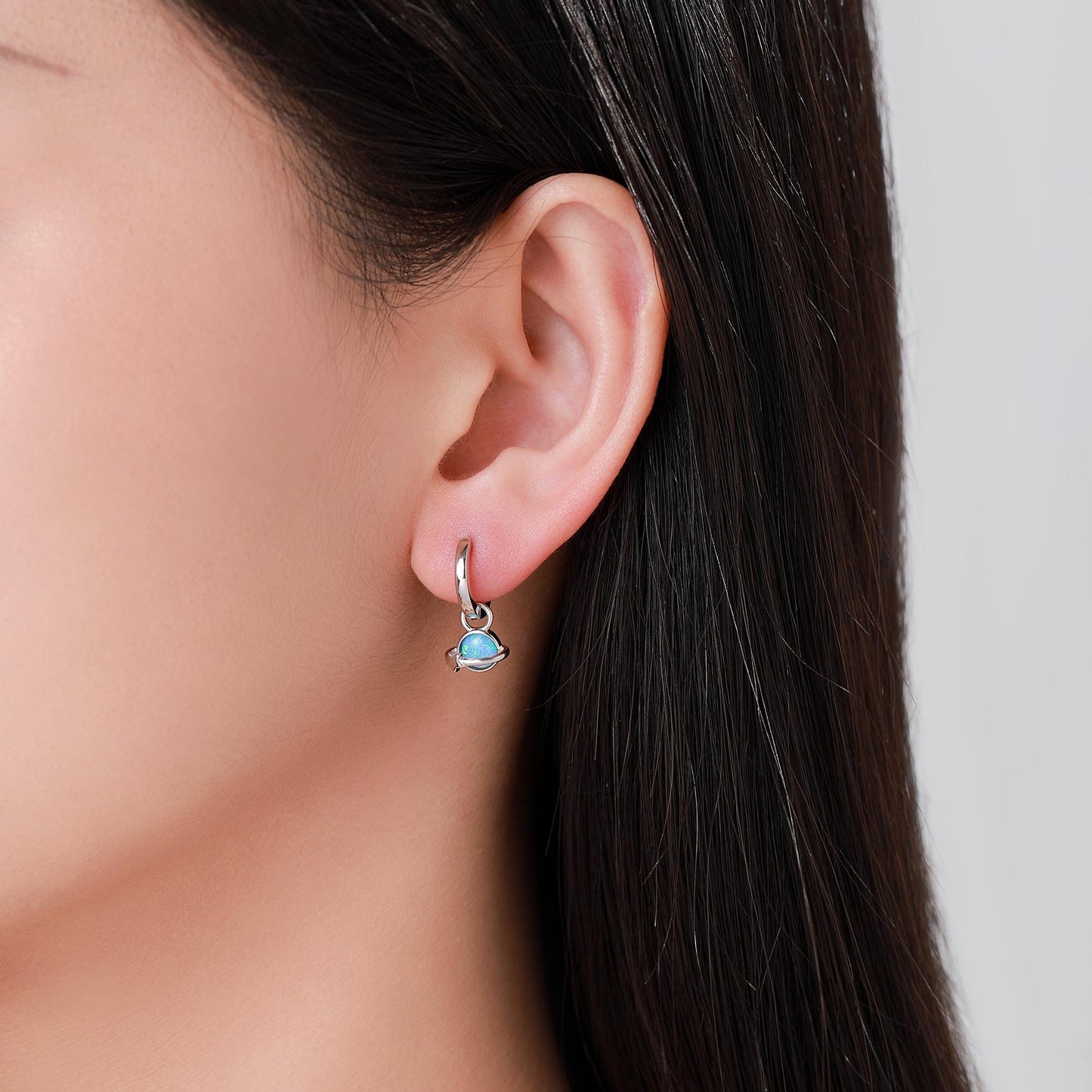 Blue Opal Planet and Star Huggie Hoop Earrings in Sterling Silver, Silver or Gold, Simulated Opal, Detachable Charms, Saturn Earrings