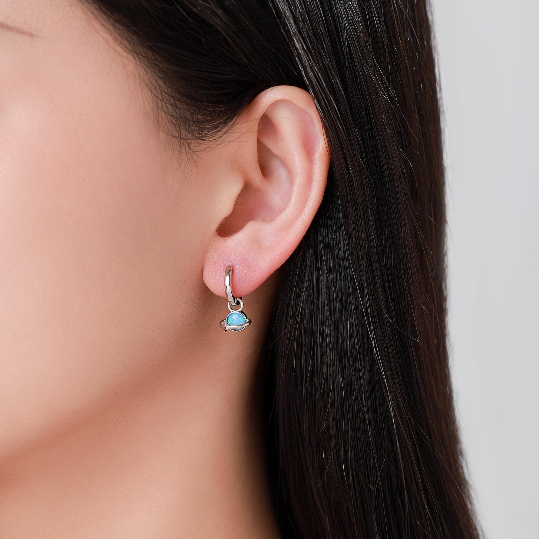 Blue Opal Planet and Star Huggie Hoop Earrings in Sterling Silver, Silver or Gold, Simulated Opal, Detachable Charms, Saturn Earrings