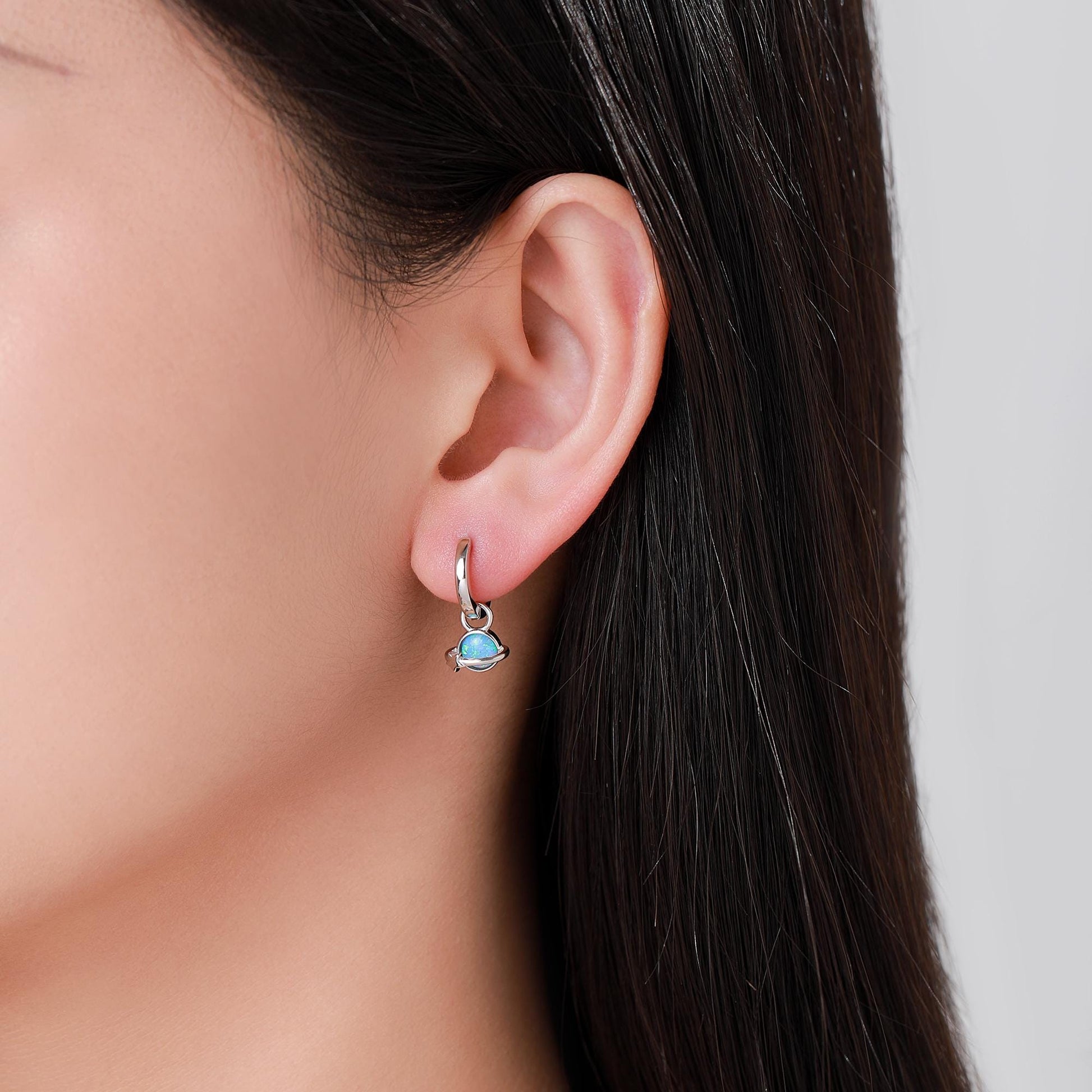 Blue Opal Planet and Star Huggie Hoop Earrings in Sterling Silver, Silver or Gold, Simulated Opal, Detachable Charms, Saturn Earrings