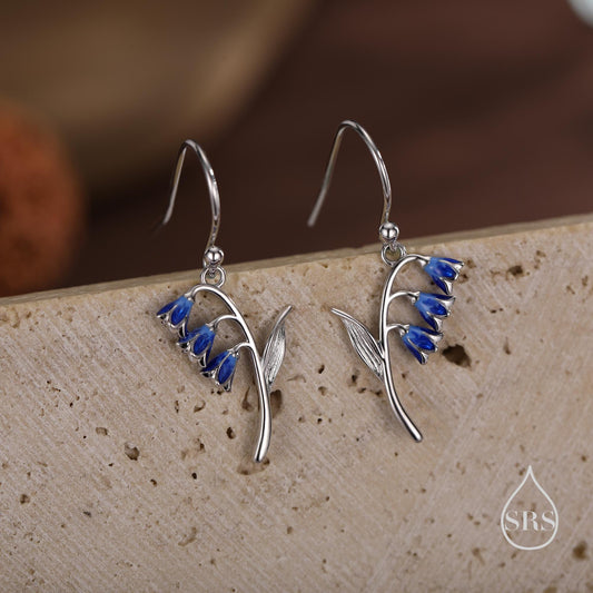 Sterling Silver Bluebell Flower Drop Dangle Earrings with Enamel, Tiny Dainty Dangle Bluebell Flower Earrings, Spring Flowers