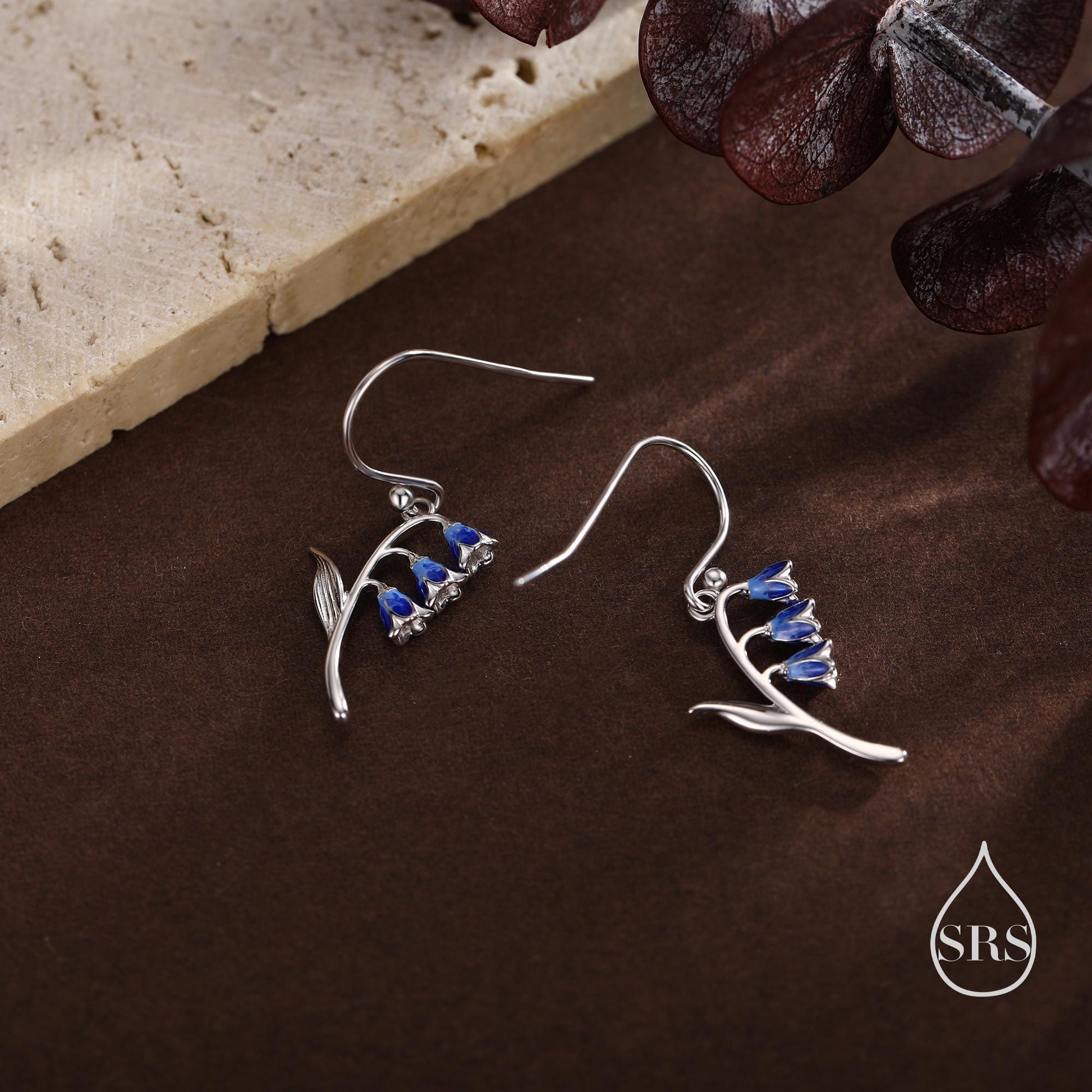 Sterling Silver Bluebell Flower Drop Dangle Earrings with Enamel, Tiny Dainty Dangle Bluebell Flower Earrings, Spring Flowers