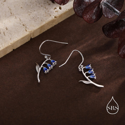 Sterling Silver Bluebell Flower Drop Dangle Earrings with Enamel, Tiny Dainty Dangle Bluebell Flower Earrings, Spring Flowers