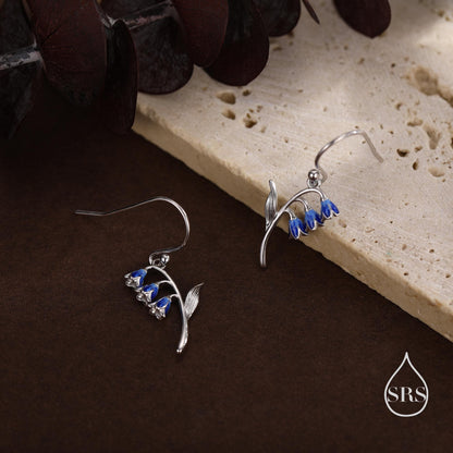 Sterling Silver Bluebell Flower Drop Dangle Earrings with Enamel, Tiny Dainty Dangle Bluebell Flower Earrings, Spring Flowers