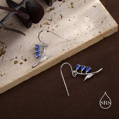 Sterling Silver Bluebell Flower Drop Dangle Earrings with Enamel, Tiny Dainty Dangle Bluebell Flower Earrings, Spring Flowers