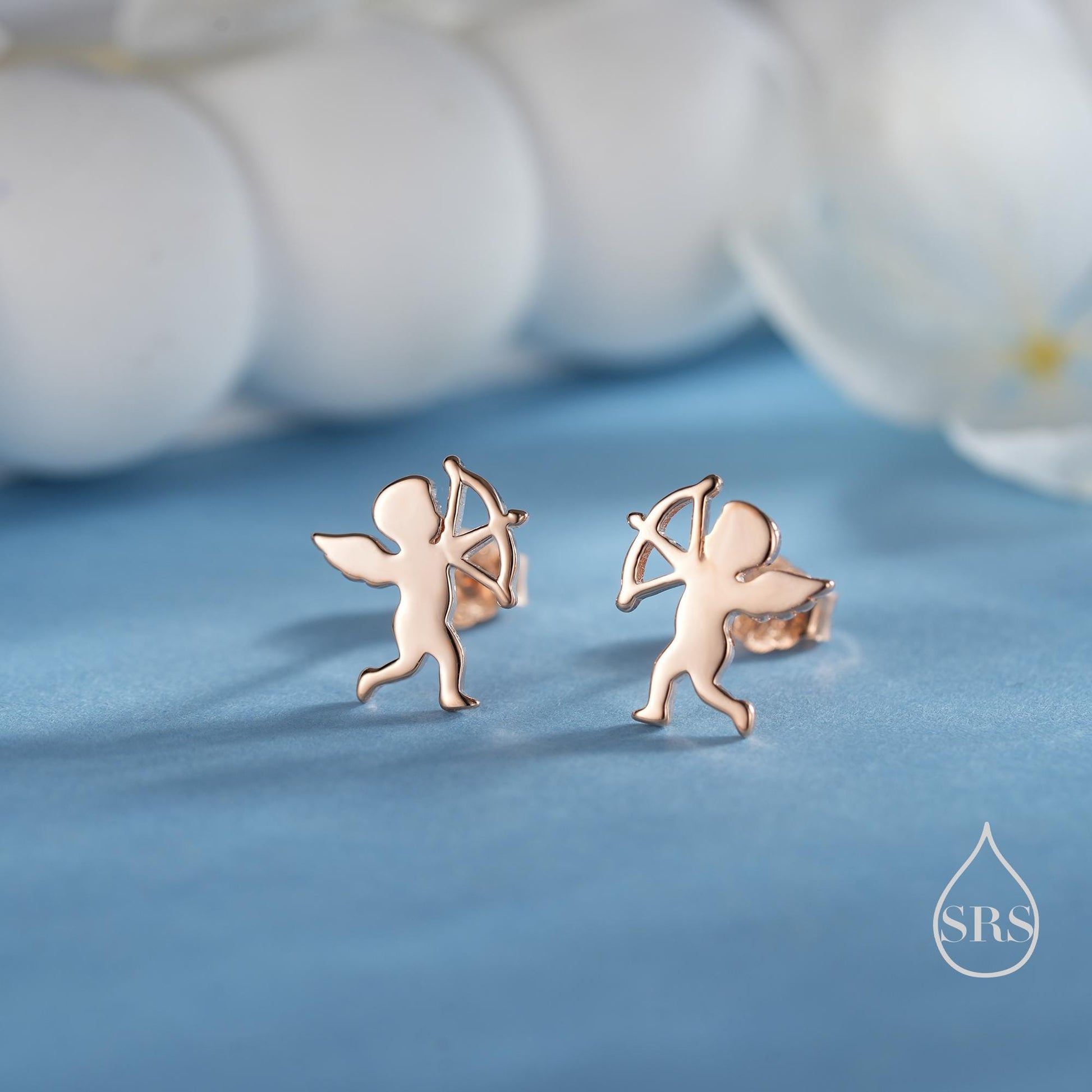 Tiny Cupid Angel Stud Earrings in Sterling Silver, Silver, Gold or Rose Gold, Chrub Stud Earrings, Silver Angel Earrings