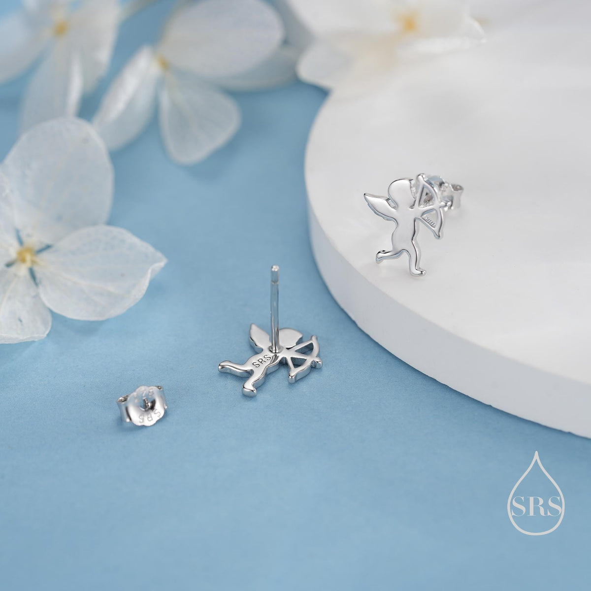 Tiny Cupid Angel Stud Earrings in Sterling Silver, Silver, Gold or Rose Gold, Chrub Stud Earrings, Silver Angel Earrings