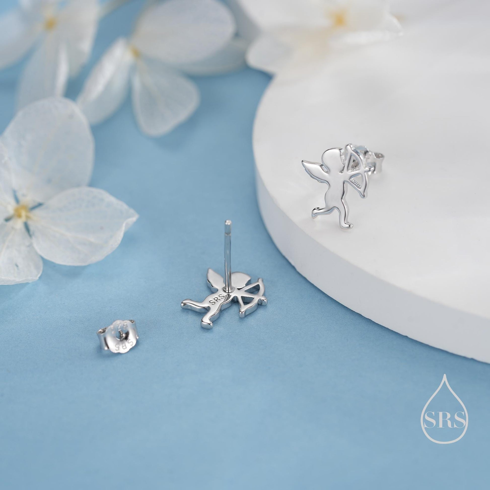 Tiny Cupid Angel Stud Earrings in Sterling Silver, Silver, Gold or Rose Gold, Chrub Stud Earrings, Silver Angel Earrings