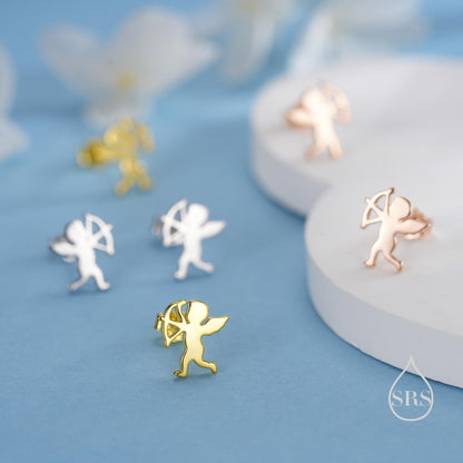 Tiny Cupid Angel Stud Earrings in Sterling Silver, Silver, Gold or Rose Gold, Chrub Stud Earrings, Silver Angel Earrings