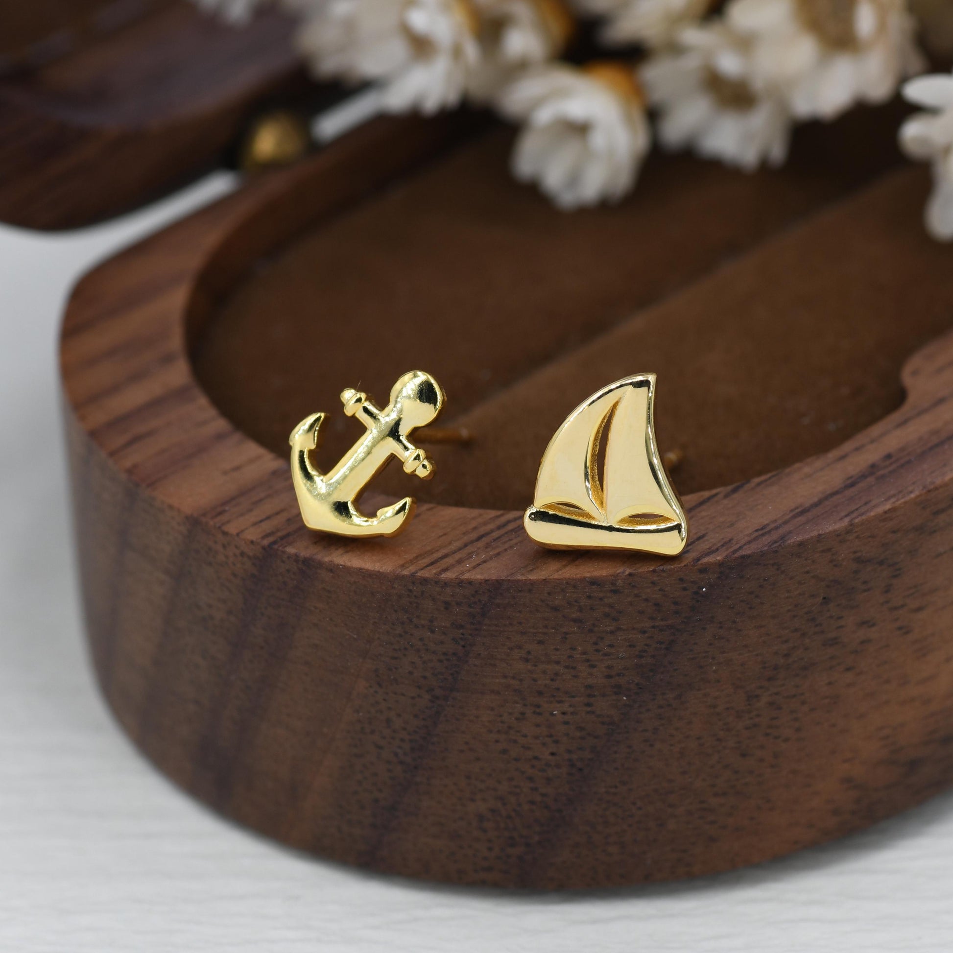 Mismatched Sailing Boat and Anchor Stud Earrings in Sterling Silver, Silver, Gold or Rose Gold, Asymmetric Boat Earrings, Sailing Earrings
