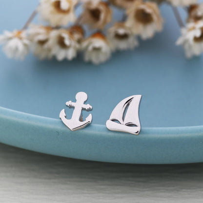 Mismatched Sailing Boat and Anchor Stud Earrings in Sterling Silver, Silver, Gold or Rose Gold, Asymmetric Boat Earrings, Sailing Earrings