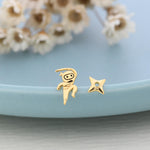 Tiny Mismatched Ninja and Ninja Shuriken Star Stud Earrings in Sterling Silver, Silver, Gold, Rose Gold or Black, Asymmetric Ninja Earrings